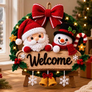 May include: A crocheted Christmas wreath featuring a Santa Claus and a snowman figure, a large red bow at the top, and a central sign with the word Welcome. The wreath is decorated with small yellow stars, red berries, and white snowflakes, and includes integrated warm LED lights.