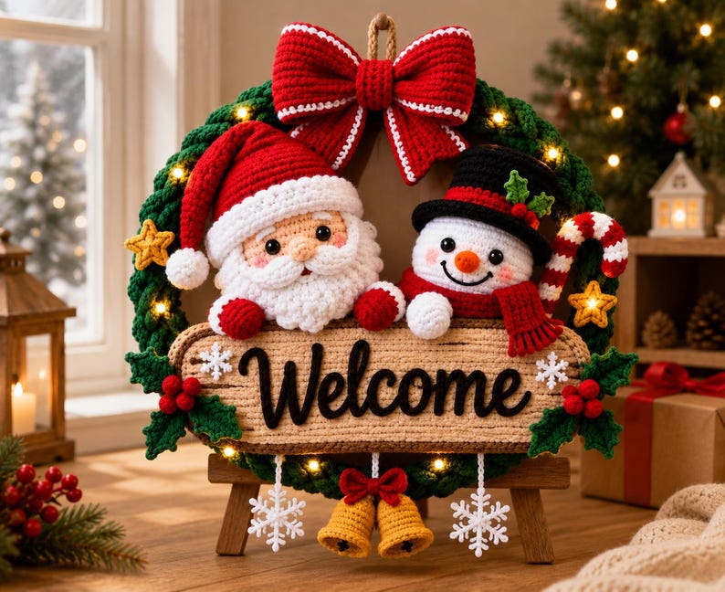 May include: A crocheted Christmas wreath featuring a Santa Claus and a snowman figure, a large red bow at the top, and a central sign with the word Welcome. The wreath is decorated with small yellow stars, red berries, and white snowflakes, and includes integrated warm LED lights.