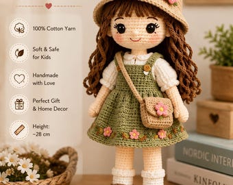Patrón de muñeca de ganchillo en PDF, niña amigurumi, sombrero floral, vestido de peto, pelo rizado (descarga en PDF)