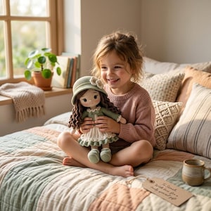 Willow Crochet Doll Amigurumi Pattern, Cottage Girl, Curly Hair, Sage Green Hat (PDF)