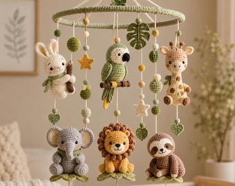 Patrón de móvil de ganchillo con temática de safari para bebés, decoración infantil con animales amigurumi (patrón en PDF)
