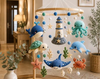Patrón de móvil de ganchillo con forma de faro oceánico para bebés / Criaturas marinas de amigurumi (descarga en PDF)