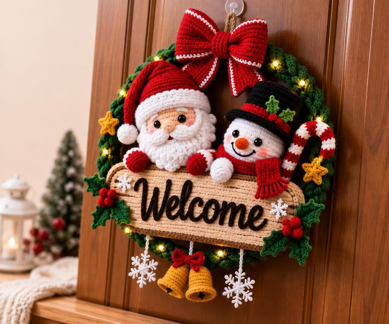 May include: A crocheted Christmas wreath featuring a Santa Claus and a snowman figure. The wreath is decorated with a large red bow, small yellow stars, green holly leaves, red berries, and white snowflakes. A central sign reads Welcome.
