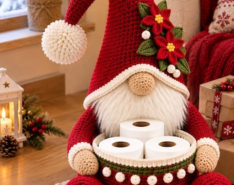 Patrón de ganchillo para portarrollos de papel higiénico con forma de gnomo navideño (descarga en PDF)
