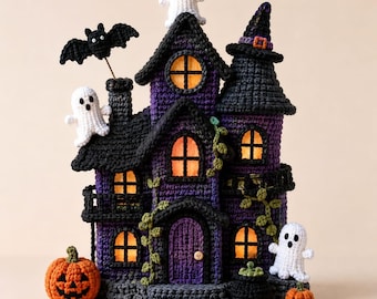 Patrón de ganchillo en PDF para casa encantada, mansión amigurumi espeluznante con fantasmas, murciélago y calabaza (descarga digital).