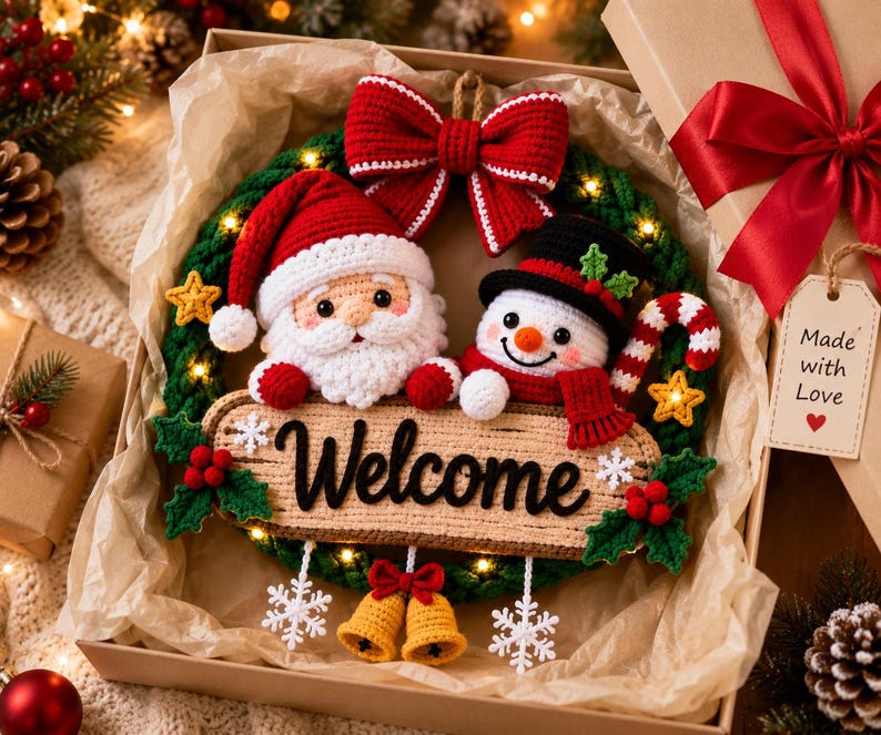 May include: A crocheted Christmas wreath featuring a Santa Claus and a snowman, a large red bow, and a wooden sign with the text Welcome. The wreath is decorated with small lights, holly berries, and two yellow bells hanging from the bottom.