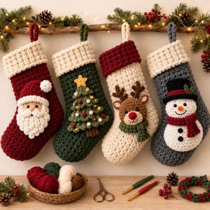 Puede incluir: Cuatro calcetines navideños de ganchillo hechos a mano colgados en fila. El primero es rojo con una cara de Papá Noel, el segundo es verde oscuro con un árbol de Navidad, el tercero es crema con un reno y el cuarto es gris con un muñeco de nieve.