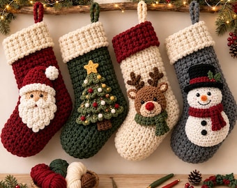 Patrón PDF para calcetín navideño de ganchillo, diseños de Papá Noel, reno, muñeco de nieve y árbol (nivel intermedio)
