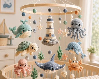 Patrón de móvil de ganchillo con forma de faro oceánico para bebés / Criaturas marinas de amigurumi (descarga en PDF)