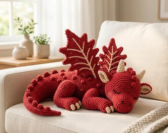 Patrón de ganchillo de dragón del bosque, peluche amigurumi con alas de hoja de arce (descarga digital)
