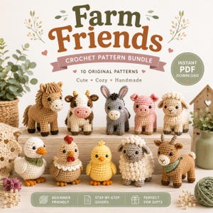 Può includere: Un pacchetto di schemi per uncinetto intitolato Farm Friends che include dieci schemi originali. L'immagine mostra dieci piccoli animali realizzati all'uncinetto a mano, tra cui un cavallo, una mucca, un asino, un maiale, una pecora, un'anatra, una gallina, un pulcino, un agnello e una capra su una superficie in legno.