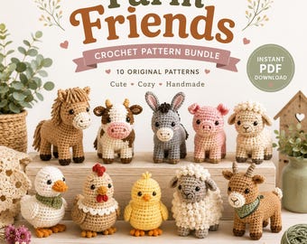 Puede incluir: Un paquete de patrones de ganchillo titulado Farm Friends que incluye diez patrones originales. La imagen muestra diez pequeños animales tejidos a mano, incluyendo un caballo, vaca, burro, cerdo, oveja, pato, gallina, pollito, cordero y cabra sobre una superficie de madera.