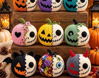 Patrón de ganchillo de media calabaza con forma de calavera, 9 diseños, amigurumi de calabaza de Halloween (descarga en PDF)