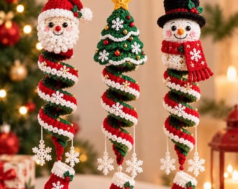 Patrón de ganchillo en PDF: Adornos en espiral de Papá Noel, muñeco de nieve y árbol (descarga digital)