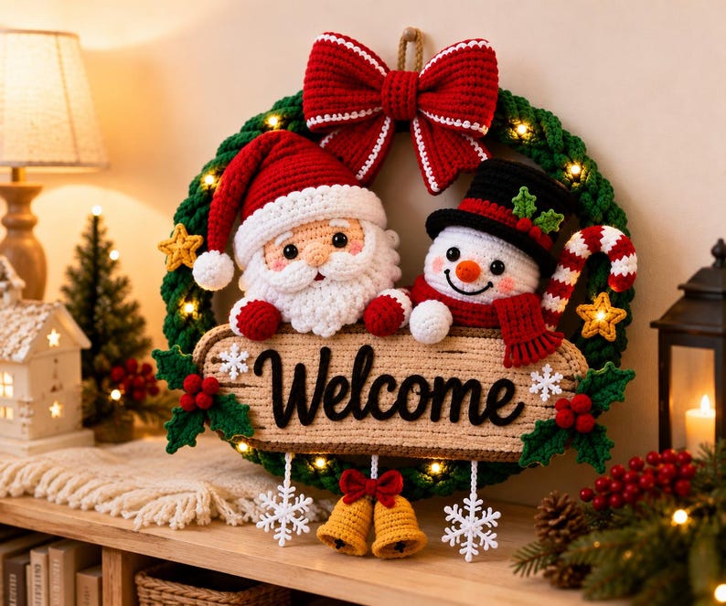 May include: A round green crochet wreath featuring a large red bow at the top, a Santa Claus figure, and a snowman figure. A tan sign with the word Welcome is centered, decorated with red berries and white snowflakes. Two yellow bells hang below.