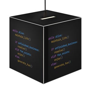 Op de afbeelding: Een zwarte, kubusvormige hanglamp met witte computercodetekst op twee zichtbare zijden. De code luidt: while alive: maintain_life(), if unfinished_business: resolve(), elif fun_exists: enjoy(), else: generate_fun().