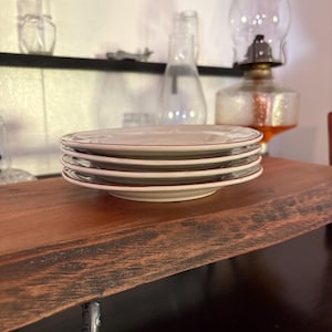 May include: A stack of four white ceramic plates with a thin red border. The plates are stacked on a dark wooden surface. The plates are part of a dining set.