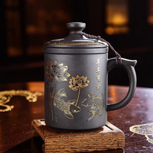May include: A matte black ceramic tea mug with a lid and a handle. The mug features gold-colored line art of two koi fish and lotus flowers. A dark brown cord connects the lid to the handle. Chinese characters are printed on the side of the mug.