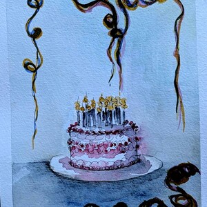 May include: A watercolor painting of a round birthday cake with lit candles on a white plate. The cake is decorated with pink frosting swirls. Above and below the cake are dark, swirling ribbon-like lines against a light blue background.