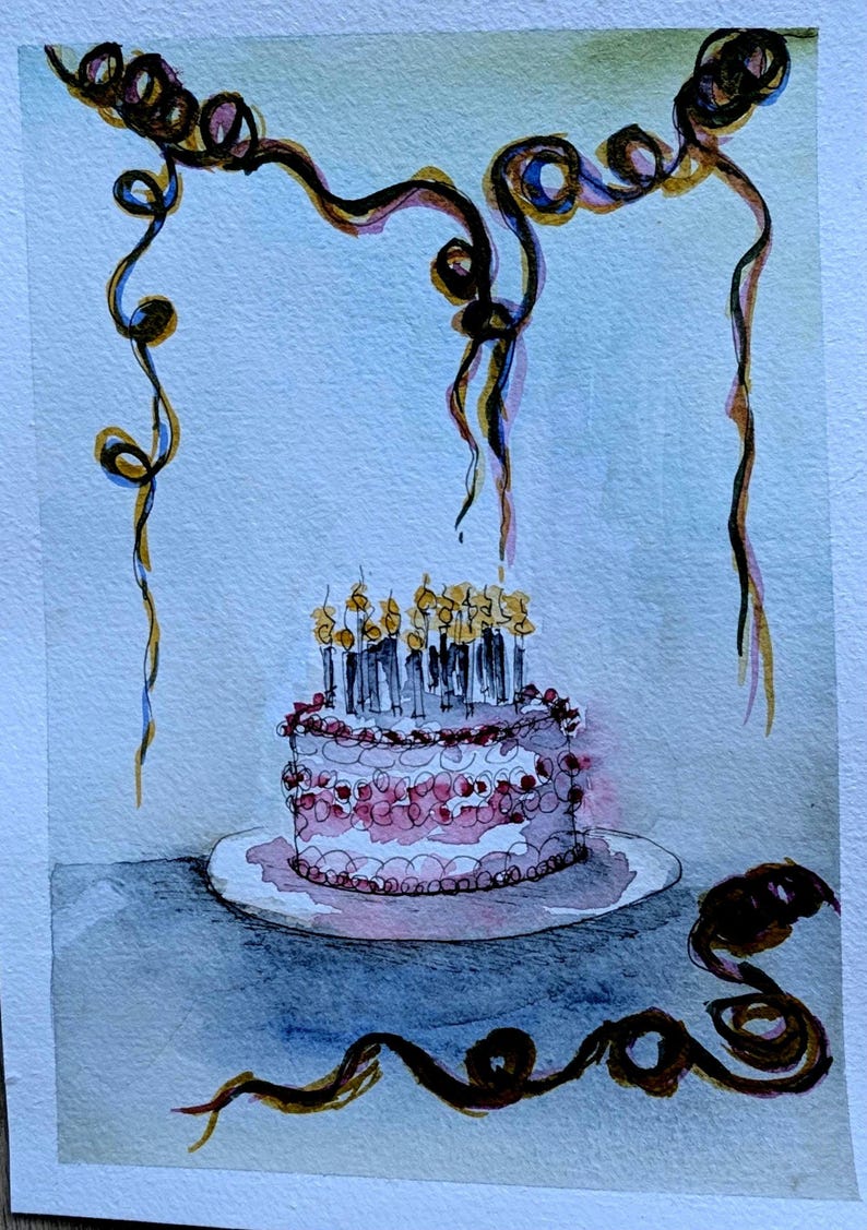 May include: A watercolor painting of a round birthday cake with lit candles on a white plate. The cake is decorated with pink frosting swirls. Above and below the cake are dark, swirling ribbon-like lines against a light blue background.