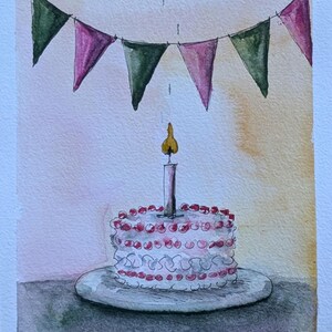 May include: A watercolor painting of a white cake with red frosting dots on a plate, topped with a single lit candle. Above the cake, a string of triangular bunting flags in alternating shades of dark green and magenta hangs against a soft background.