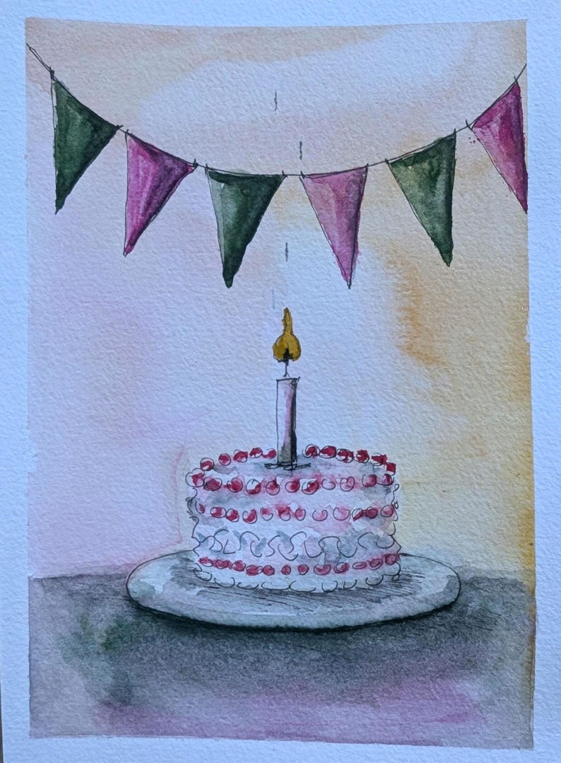 May include: A watercolor painting of a white cake with red frosting dots on a plate, topped with a single lit candle. Above the cake, a string of triangular bunting flags in alternating shades of dark green and magenta hangs against a soft background.