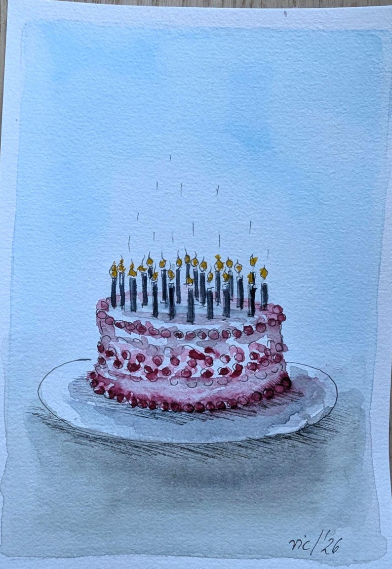 May include: A watercolor painting of a round cake covered in pink frosting and red berries, topped with numerous lit black candles with yellow flames. The cake sits on a white plate against a light blue background, with the signature 'nic/26' at the bottom.