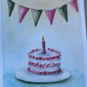 May include: A watercolor painting of a white birthday cake with red frosting accents on a white plate. A single red candle sits on top. Above the cake, a string of triangular bunting in red and green hangs. The text Happy Birthday is written below.