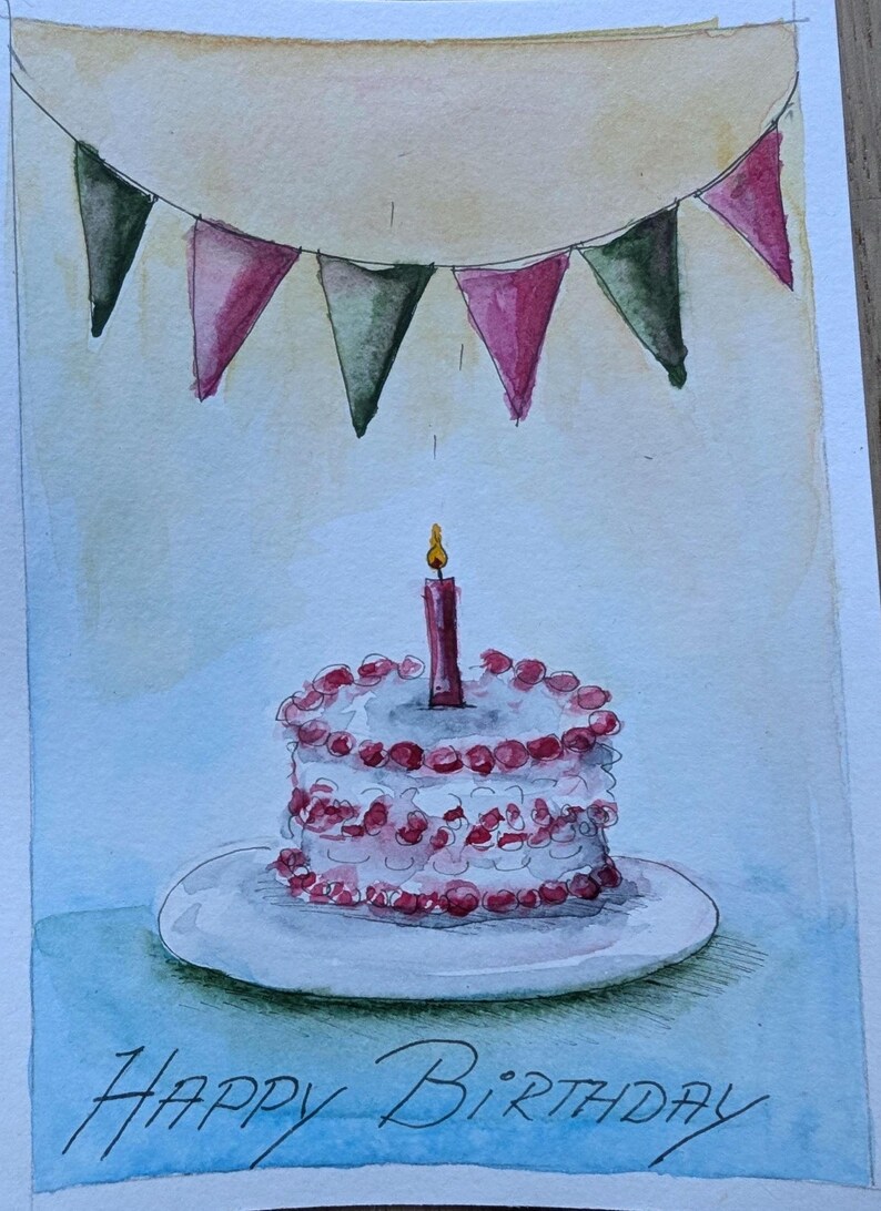 May include: A watercolor painting of a white birthday cake with red frosting accents on a white plate. A single red candle sits on top. Above the cake, a string of triangular bunting in red and green hangs. The text Happy Birthday is written below.