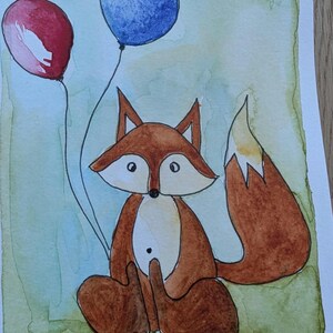 May include: A watercolor painting of a brown fox sitting upright, featuring a white chest and a bushy tail with a white tip. The fox holds two balloons, one red and one blue, against a light green background. The artist signature 'nic/26' is visible.