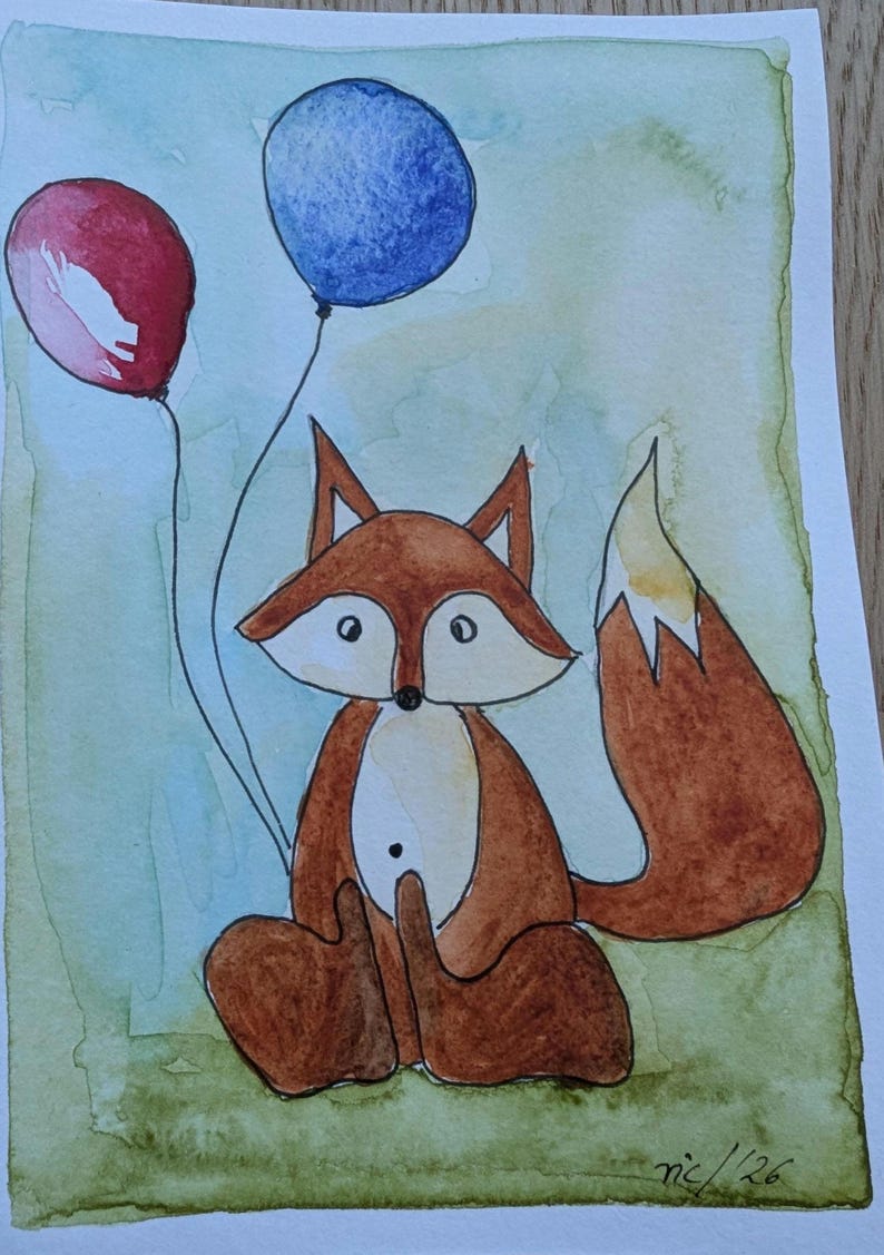 May include: A watercolor painting of a brown fox sitting upright, featuring a white chest and a bushy tail with a white tip. The fox holds two balloons, one red and one blue, against a light green background. The artist signature 'nic/26' is visible.