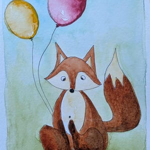 May include: A watercolor painting of a brown fox with a white chest and tail tip, sitting and holding a yellow balloon and a red balloon. The background is a soft green and blue wash. The artist signature tic/26 is visible in the bottom right corner.