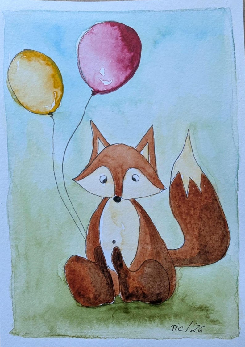 May include: A watercolor painting of a brown fox with a white chest and tail tip, sitting and holding a yellow balloon and a red balloon. The background is a soft green and blue wash. The artist signature tic/26 is visible in the bottom right corner.