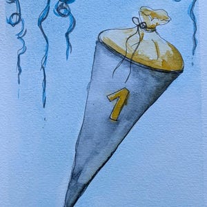 May include: A watercolor illustration of a grey cone-shaped gift bag with a yellow top tied with a string. The bag features a prominent yellow number 1 on the front. The background is light blue with dark blue swirling decorative line art.