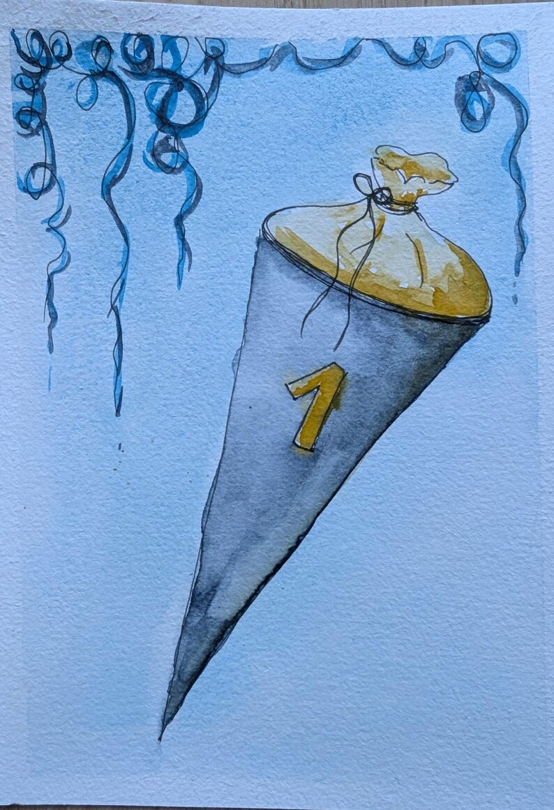 May include: A watercolor illustration of a grey cone-shaped gift bag with a yellow top tied with a string. The bag features a prominent yellow number 1 on the front. The background is light blue with dark blue swirling decorative line art.