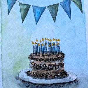 May include: A watercolor illustration of a round chocolate cake with dark brown frosting swirls on a white plate, topped with many lit blue candles. Above the cake, a string of triangular bunting flags in shades of blue and green hangs.