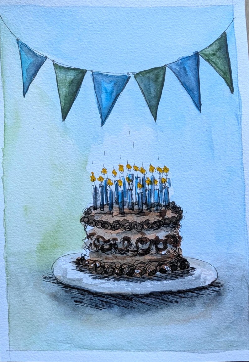 May include: A watercolor illustration of a round chocolate cake with dark brown frosting swirls on a white plate, topped with many lit blue candles. Above the cake, a string of triangular bunting flags in shades of blue and green hangs.