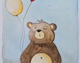 May include: A watercolor painting of a brown bear sitting down against a light blue background. The bear has a cream-colored belly and holds two balloons, one yellow and one red, attached by thin black strings. The bear has dark brown fur.