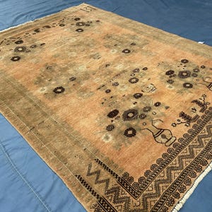 Muted Floral Charm, Peach Beige Antique Afghan Floral Pot Rug 4'10x6'6 Ft Hand Knotted Rare Wool Area Rug/Living Room Bedroom Boho Decor Rug