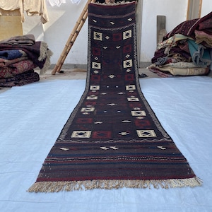 2'11x13'7, Extra Long Afghan Turkmen Runner Rug, Dark Brown Handmade Faded Tribal Hallway Kilim Rug, Boho Narrow Corridor Stairs Floor Decor