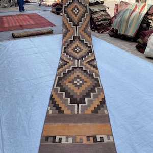 2.2x14.7 Extra Long Afghan Turkmen Runner Rug, Camel Brown Hand Knotted Faded Tribal Hallway Kilim, Boho Narrow Corridor Stairs Floor Decor