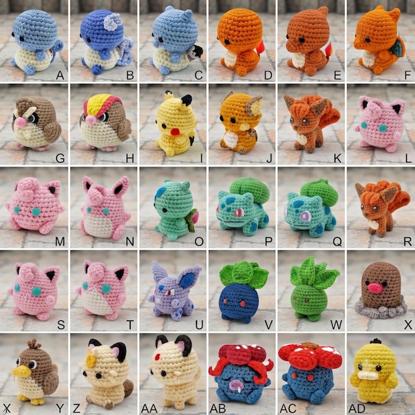 PDF de mini figuras de Pokémon a crochet: Pikachu, Charmander, Squirtle y Bulbasaur + más - Descarga digital instantánea