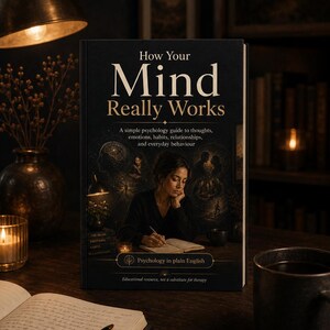 May include: A hardcover book titled How Your Mind Really Works with a dark cover featuring an illustration of a person writing in a journal. The text includes A simple psychology guide to thoughts, emotions, habits, relationships, and everyday behaviour.