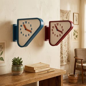 May include: Two wall-mounted clocks with triangular frames, one in blue and one in red. Each clock features a cream-coloured face with a grid pattern, black numerals from 1 to 12, and two orange hands. The clocks are mounted side-by-side on a wall.
