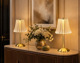 Gold Glass Table Lamp, Rechargeable Cordless LED Night Light, Modern Luxury Home Decor