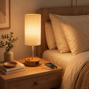 May include: A cylindrical table lamp with a textured beige fabric shade and a round wooden base. The base features a black power switch and a USB port, with a white charging cable connected to a smartphone lying on the surface.