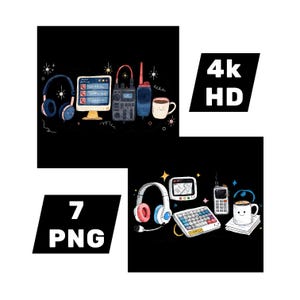May include: A digital illustration set featuring two groups of dispatch equipment. Items include headphones, computer monitors, two-way radios, a keyboard labeled DISPATCH, and mugs with faces. The text 4k HD and 7 PNG is displayed in black boxes.