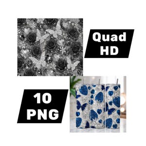 Pode incluir: Um conjunto de designs digitais com dez ficheiros PNG em resolução Quad HD. Os padrões incluem rosas, borboletas e corações a preto e branco, juntamente com morangos, corações e borboletas azuis com textura de purpurina num fundo prateado.