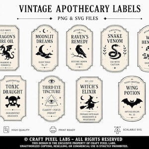 Printbare Halloween-dranketiketten | Vintage apothekersflesetiketten PNG SVG | Heksendecoratie digitale download