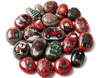 Hand-Painted Christmas Rocks, Festive Stone Art Set (6-12 Piece)